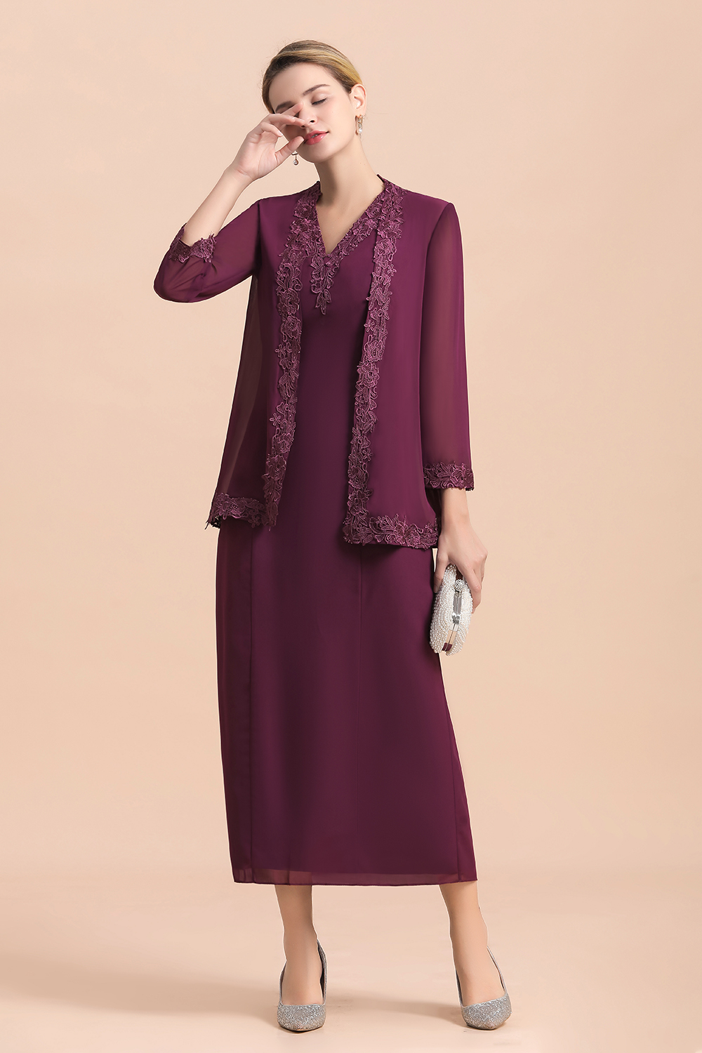 Grape Chiffon 2 Piece Mother of Bride Dress with Wraps Lace Appliques Wedding Guest Suits-newarrivaldress