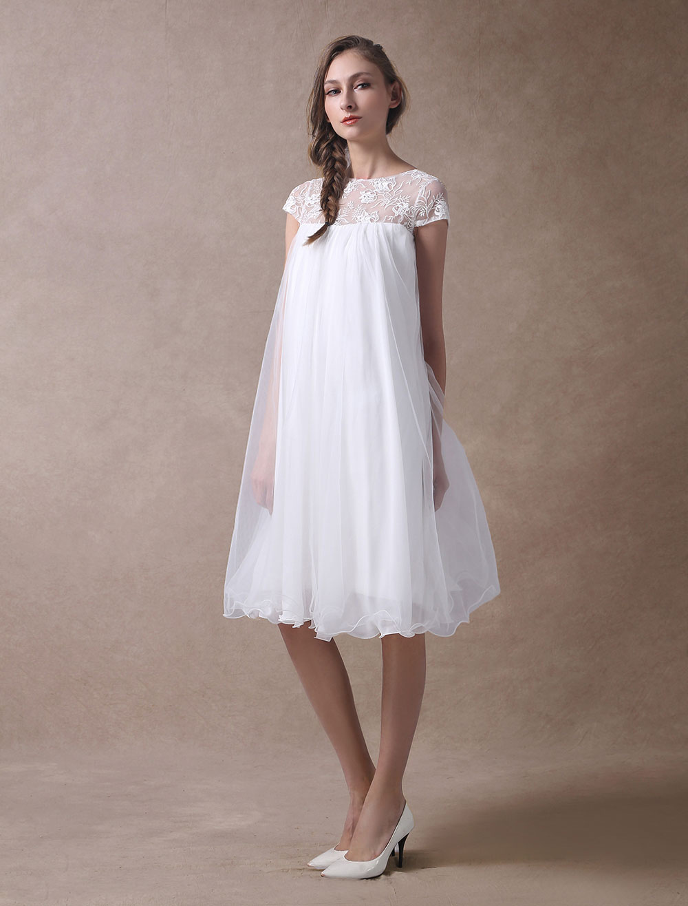 Simple Wedding Dresses Short Empire Waist Lace Tulle Cap Sleeve Pregnant Bridal Dress Exclusive-newarrivaldress