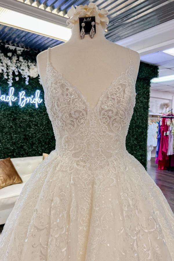 Elegant V-Neck Floral Lace Wedding Dress Aline Spaghetti Straps Long Bridal Dress-newarrivaldress