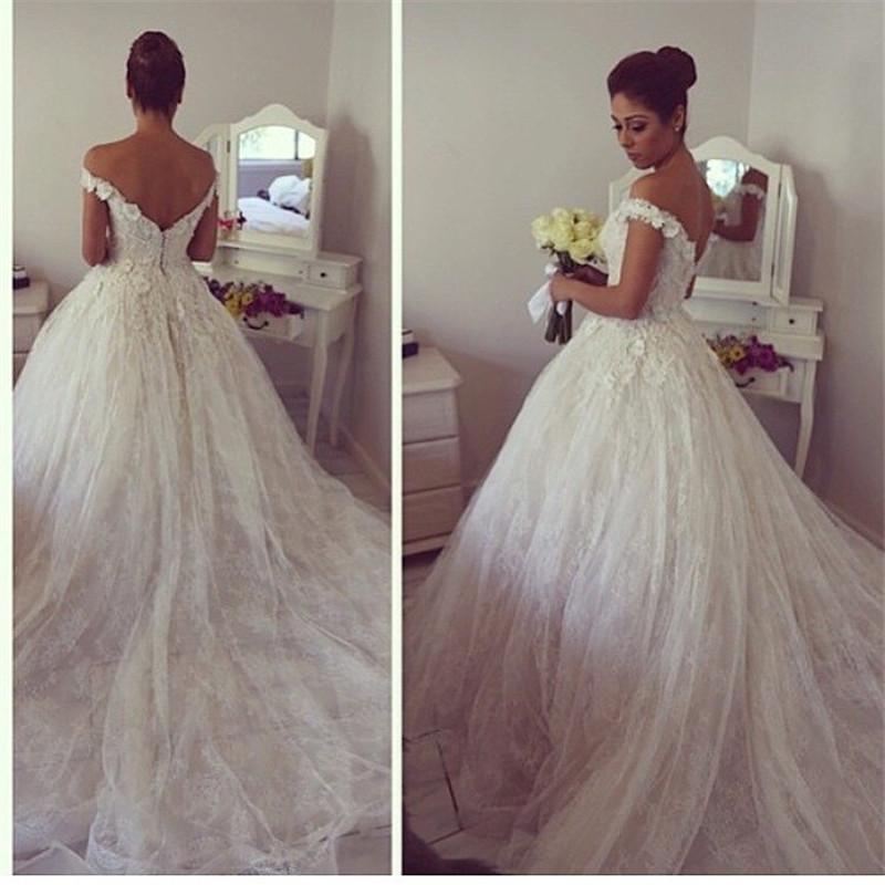 Sexy Off The Shoulder Fluffy Tulle Lace Appliques Ball Gown Wedding Dresses-newarrivaldress