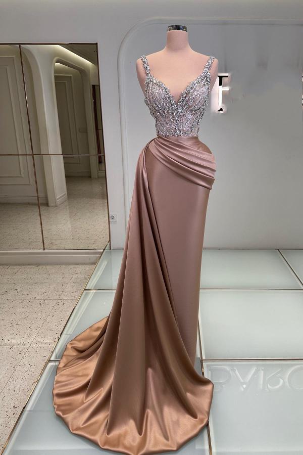 Charming Ruched Satin Mermaid Evening Dress Glitter Crystals V-neck Prom Dress with Straps-newarrivaldress