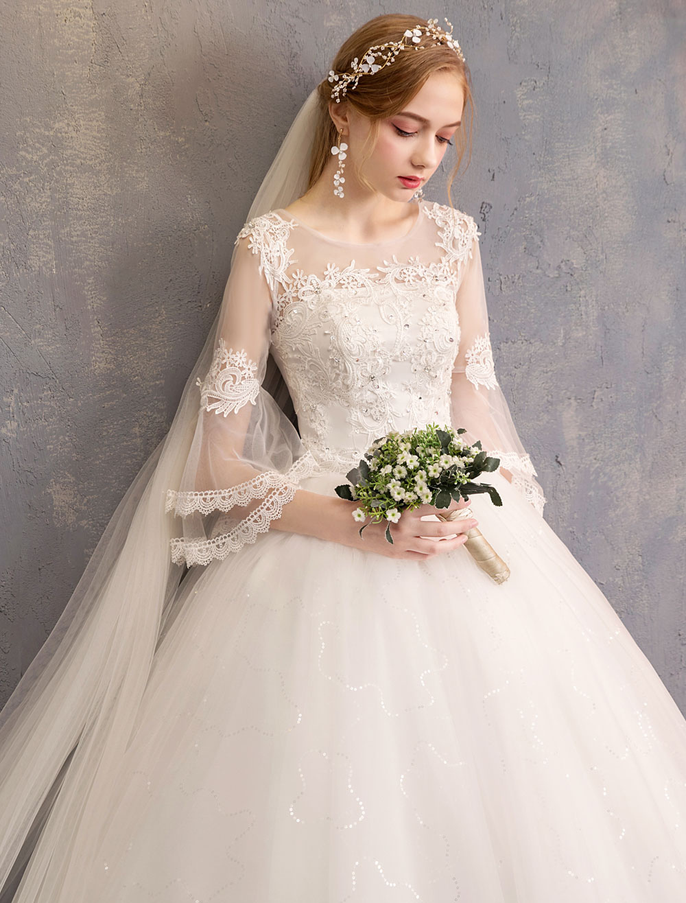 Ball Gown Wedding Dresses Tulle Jewel 3/4 Length Sleeve Floor Length Princess Bridal Gown-newarrivaldress