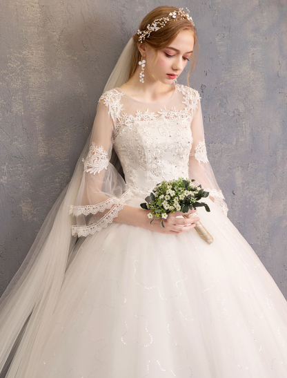 Ball Gown Wedding Dresses Tulle Jewel 3/4 Length Sleeve Floor Length Princess Bridal Gown-newarrivaldress