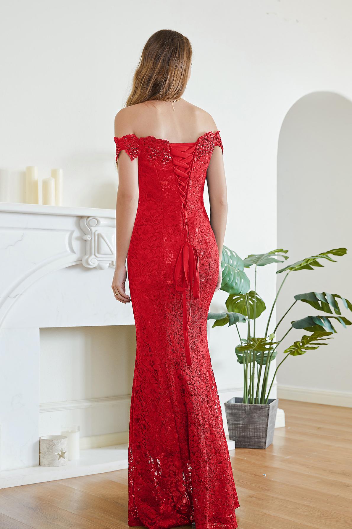 Crystal Beaded Red Mermaid Evening Dresses Off the Shoulder Prom Party Dress