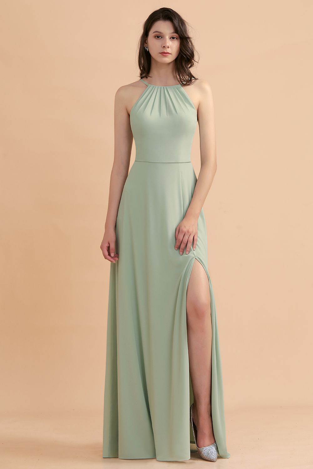 Dusty Sage Halter Long Bridesmaid Dress Sleeveless Side Slit Wedding Party Dress-newarrivaldress