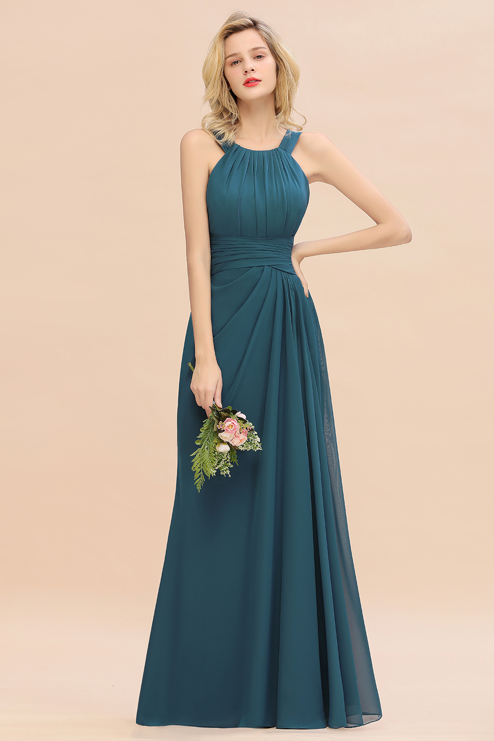 Halter Ruched Chiffon Mermaid Bridesmaid Dress Long Wedding Guest Dress-newarrivaldress