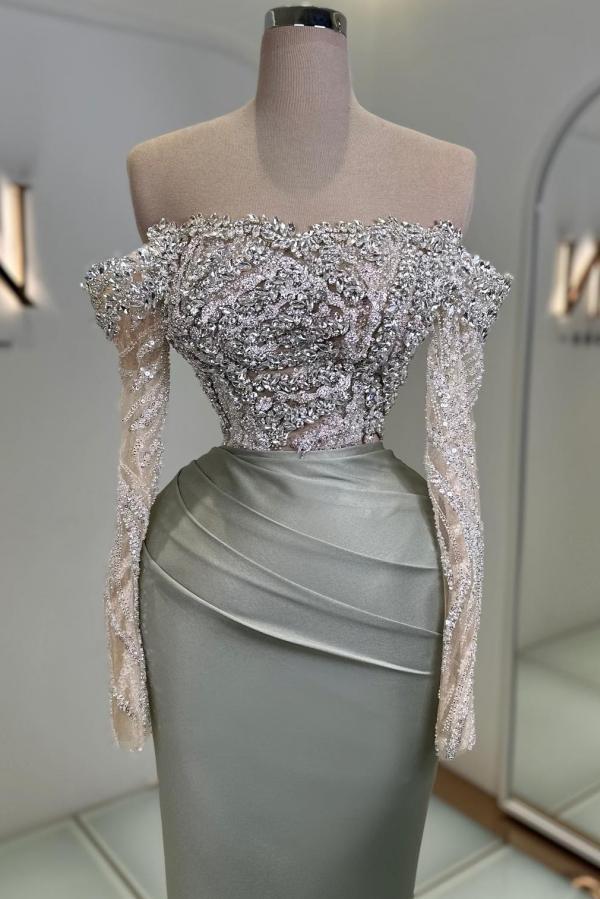 Stunning Off Shoulder Long Sleeves Glitter Crystals Mermaid Prom Dress Satin Evening Dress-newarrivaldress
