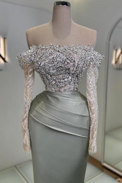 Stunning Off Shoulder Long Sleeves Glitter Crystals Mermaid Prom Dress Satin Evening Dress-newarrivaldress