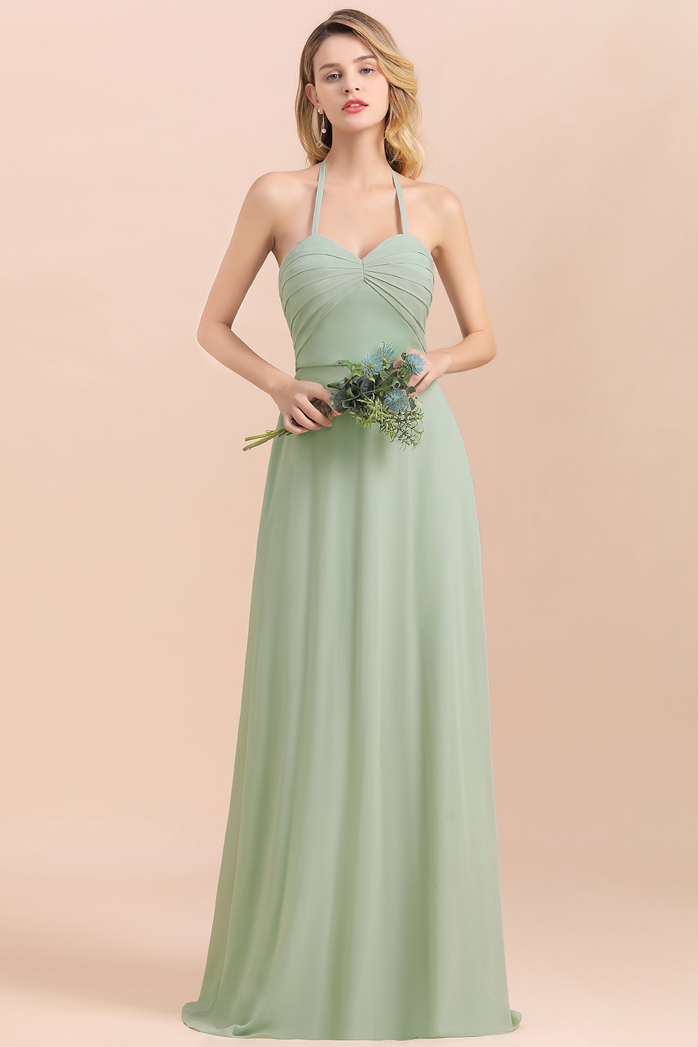 Halter Dusty Sage Sweetheart Chiffon Bridesmaid Dresses Long Wedding Guest Dress-newarrivaldress