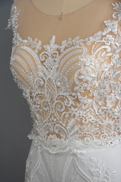 Charming Cap Sleeve Mermaid Wedding Dress White Tulle Lace Appliques with Detachable Sweep Train-newarrivaldress