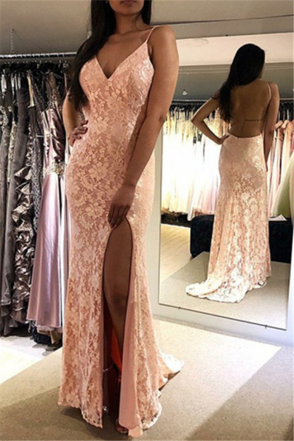 Stunning Spaghetti Straps Appliques Sleeveless V-Neck Backless Prom Dress-newarrivaldress