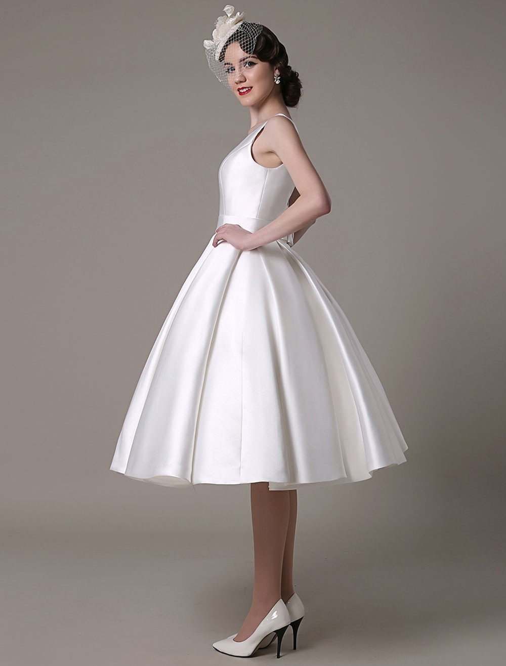 Ivory Wedding Dress Scoop Backless Knee Length Satin Wedding Gown Exclusive-newarrivaldress