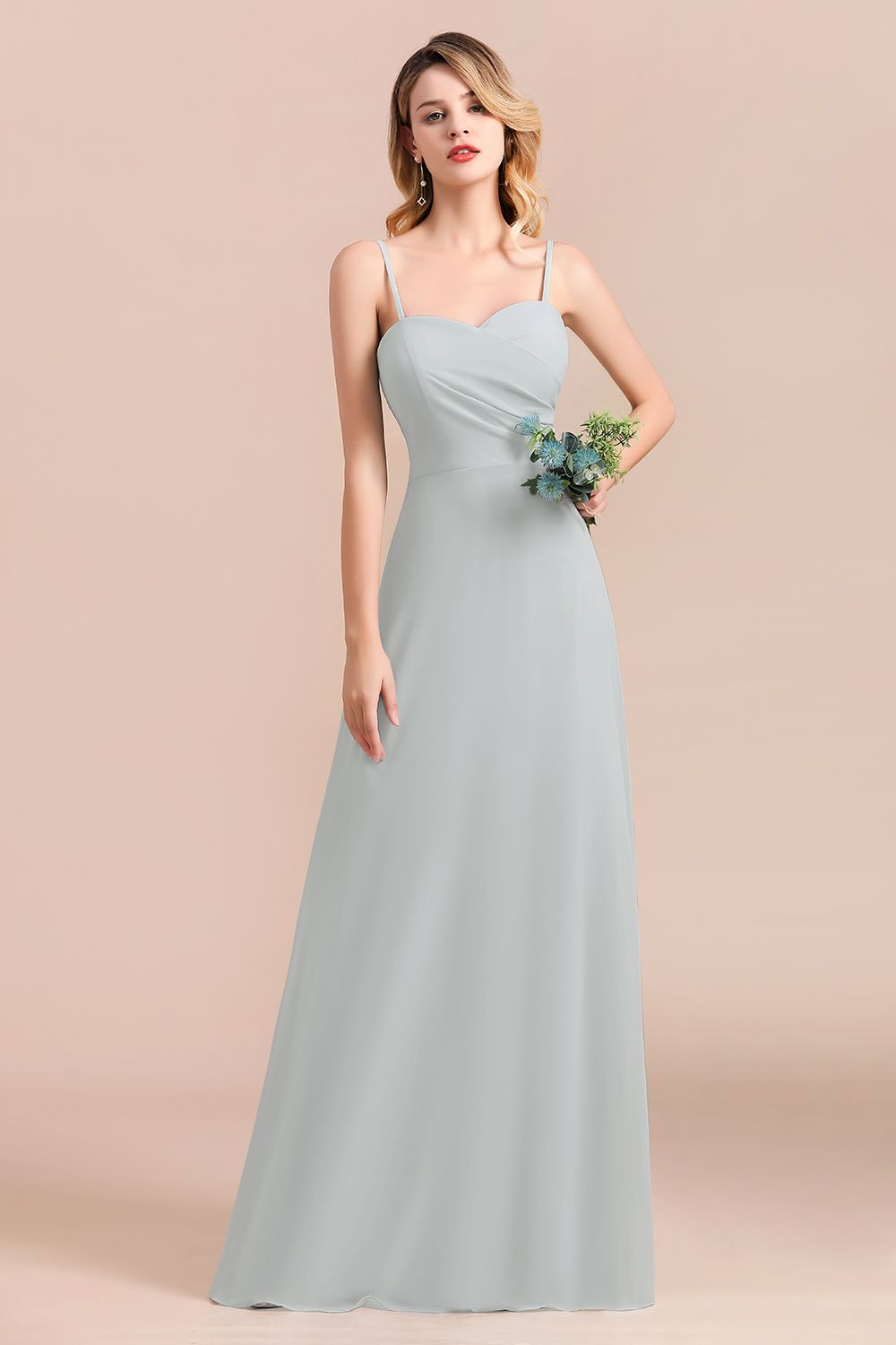 Spaghetti Straps Sweetheart Silver Bridesmaid Dresses Long Chiffon Wedding Guest Dress-newarrivaldress