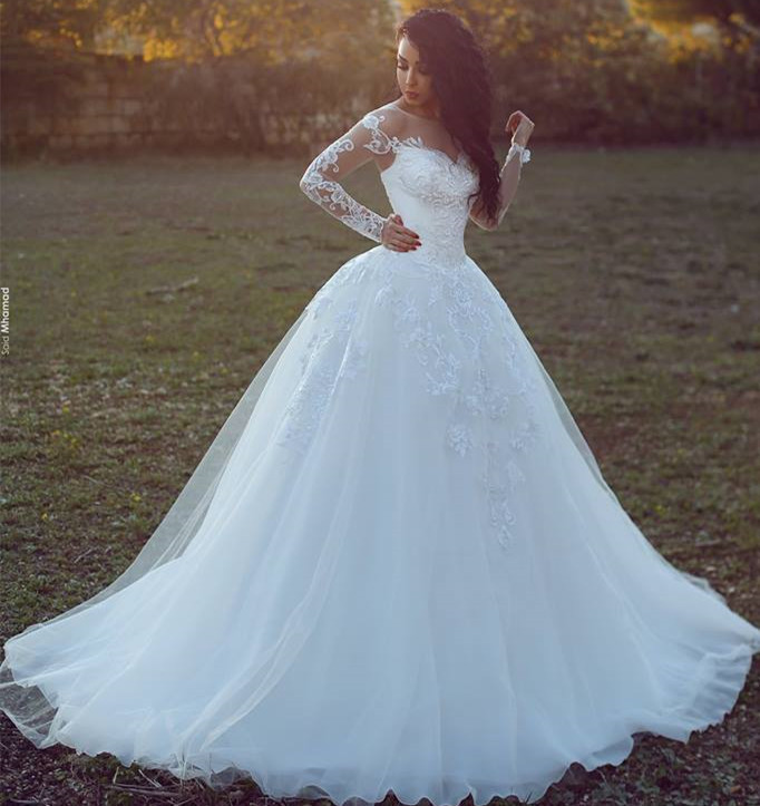 Appliques Glamorous Tulle Long Sleeve Ball Gown Wedding Dresses Online-newarrivaldress