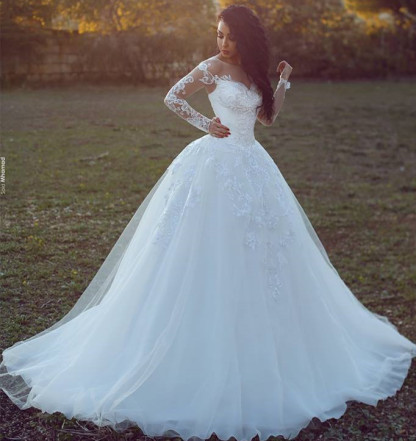Appliques Glamorous Tulle Long Sleeve Ball Gown Wedding Dresses Online-newarrivaldress