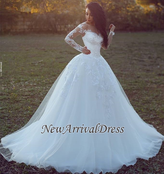 Appliques Glamorous Tulle Long Sleeve Ball Gown Wedding Dresses Online-newarrivaldress