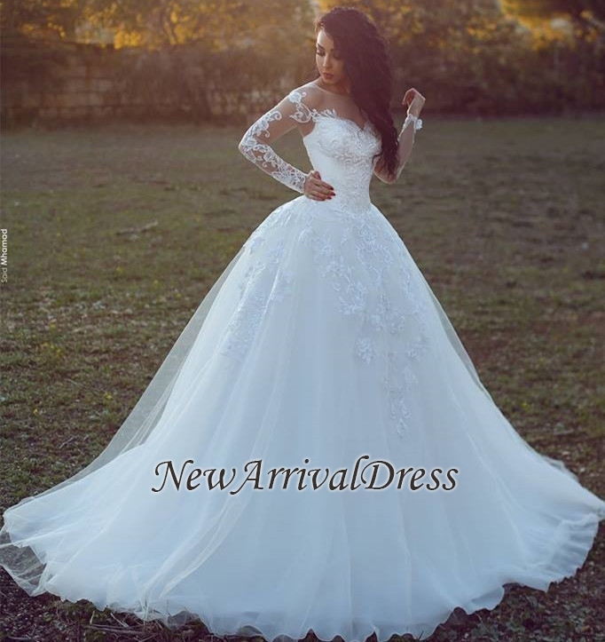 Appliques Glamorous Tulle Long Sleeve Ball Gown Wedding Dresses Online-newarrivaldress
