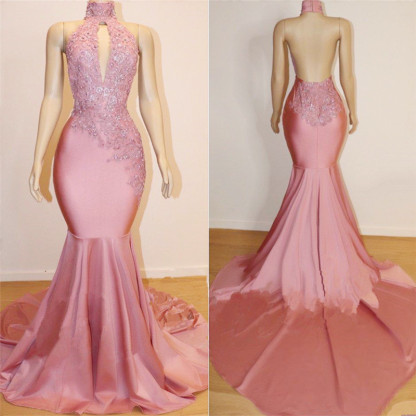 Open Back Mermaid Long Prom Dresses for Juniors | Sleeveless Appliques Pink Formal Dresses-newarrivaldress