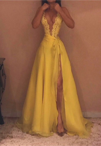 Sexy Yellow Straps Deep V-neck Evening Gown | Front Split Evening Gown-newarrivaldress