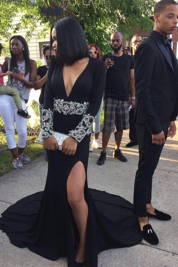 Black V-Neck Crystal Long-Sleeve Sexy Split Prom Dress-newarrivaldress