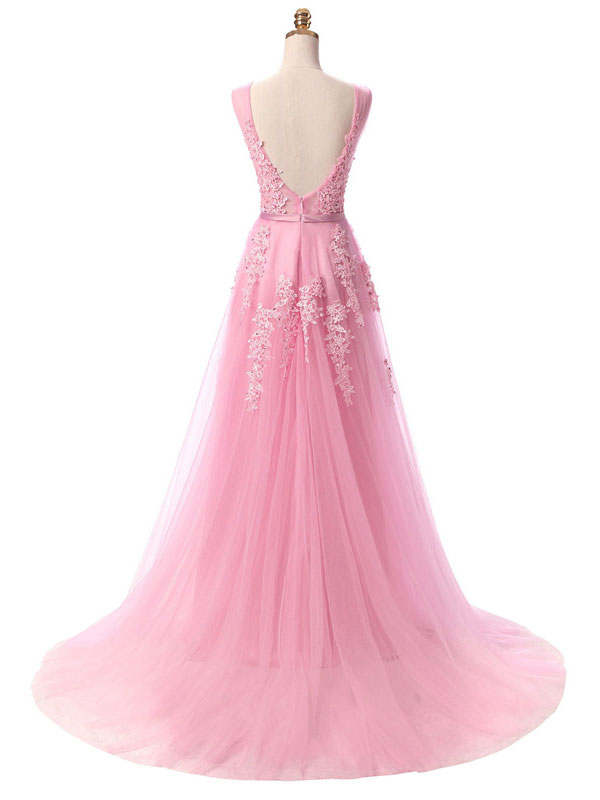 Prom Dress V Neck A Line Sleeveless Floor Length Lace Applique Party Dresses-newarrivaldress