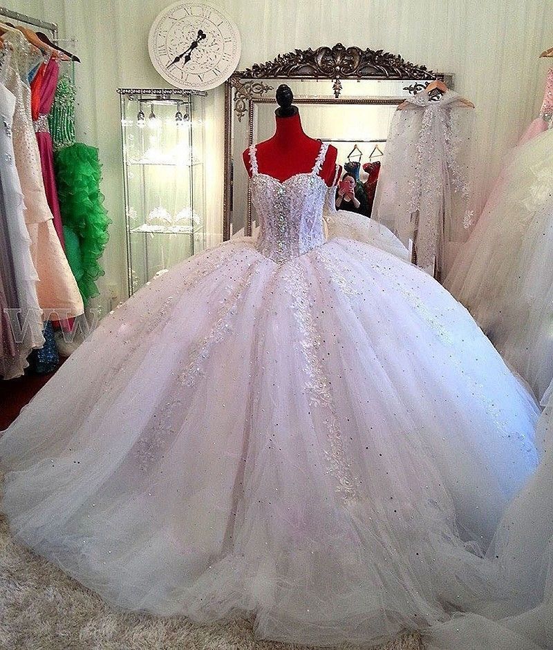 Spaghetti Straps Luxurious Crystals Bridal Gowns | Lace Puffy Tulle Ball Gown Wedding Dresses-newarrivaldress