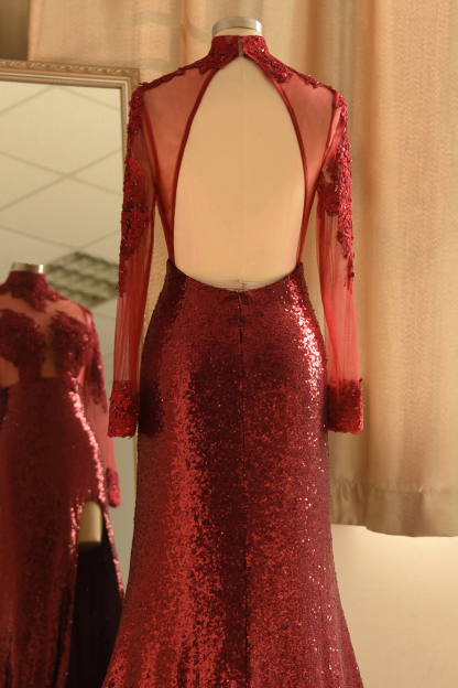 Sexy Long Sleeves Lace Appliques High Split Sequined Long Prom Dress-newarrivaldress