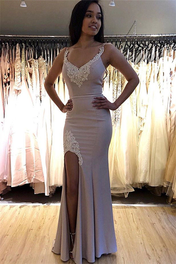 Elegant Spaghetti-Straps Appliques Side-Slit Mermaid Prom Dresses-newarrivaldress