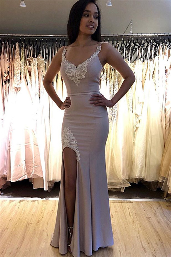 Elegant Spaghetti-Straps Appliques Side-Slit Mermaid Prom Dresses-newarrivaldress