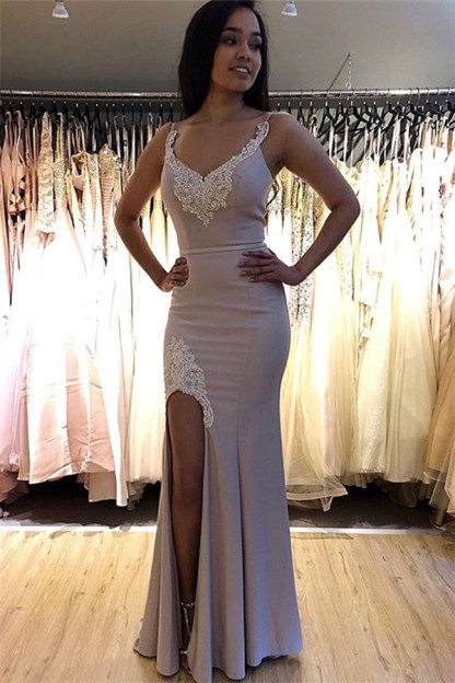 Elegant Spaghetti-Straps Appliques Side-Slit Mermaid Prom Dresses-newarrivaldress