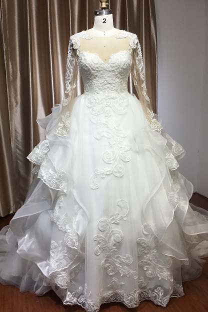 Long Sleeves Floral Lace Aline Wedding Dress Puffy Layers Bridal Dress with Sweep train-newarrivaldress