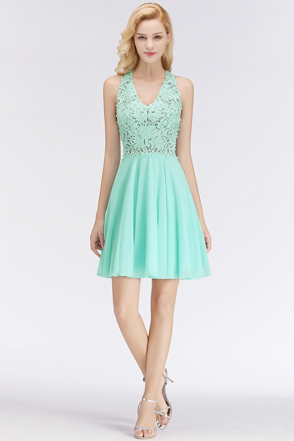 NONA | A-line V-neck Sleeveless Short Appliques Chiffon Homecoming Dresses-newarrivaldress