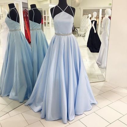 Simple Sky Blue Sleeveless Beads Custom Made A-line Zipper Prom Dresses-newarrivaldress