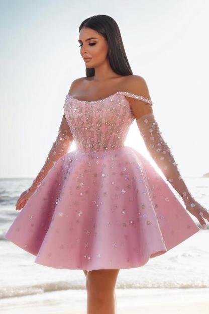 Cute Off-the-Shoulder Short Homecoming Dress Pink Knee Length Satin Beadings Party Dress-newarrivaldress