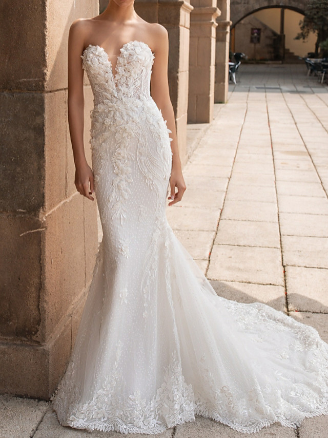 Sweetheart Strapless Mermaid Bridal Gown 3D Floral Sleeveless Lace Wedding Dress-newarrivaldress