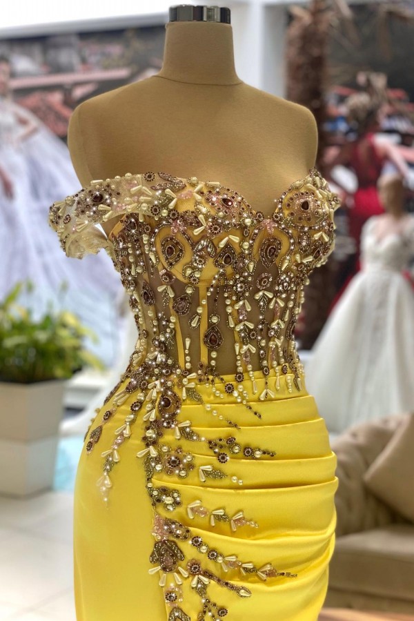 Glamorous Off-the-Shoulder Ruched Satin Long Prom Dress Sweetheart Mermaid Evening Gown-newarrivaldress