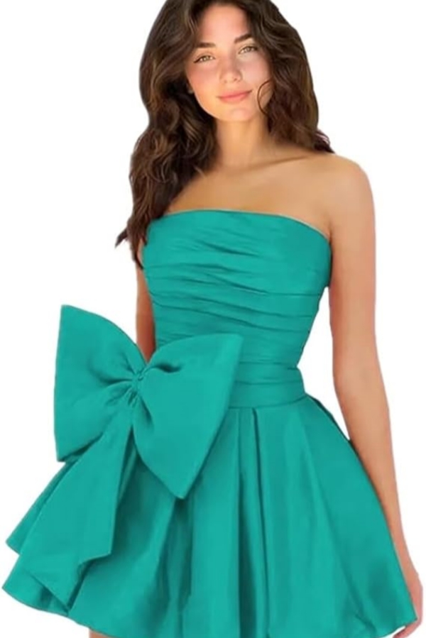 Simple Strapless Ruffle Satin Short Homecoming Dress Sleeveless Mini Party Dress with Bow-newarrivaldress