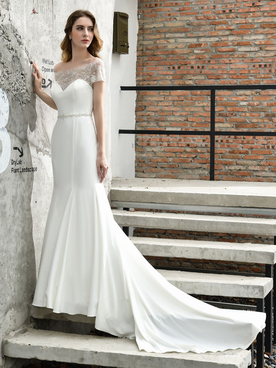 Wedding Dress Short Sleeves Illusion Neck Beaded Mermaid Bridal Gowns-newarrivaldress