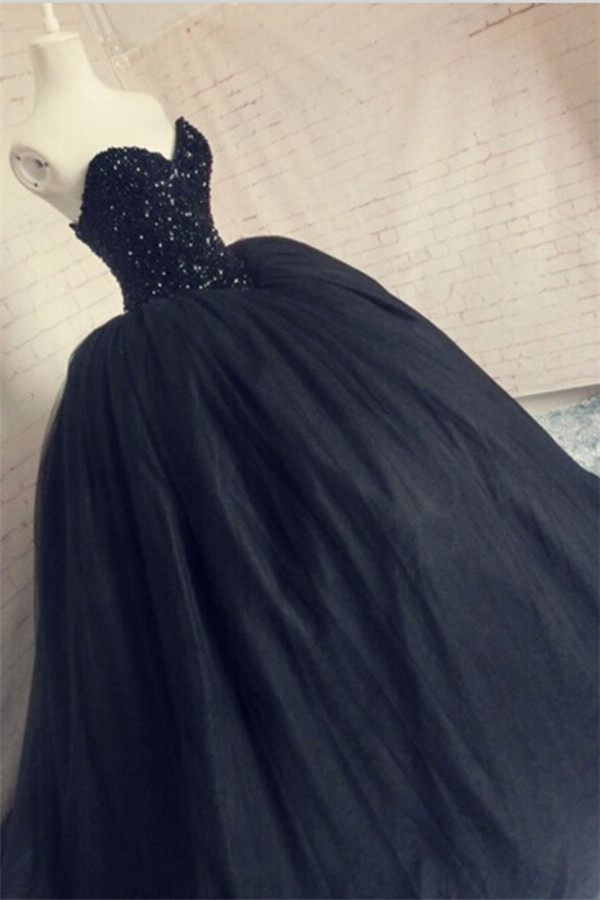 Tulle Sparkly Beaded Puffy Corset Sequins Black Amazing Sweetheart Prom Dresses-newarrivaldress