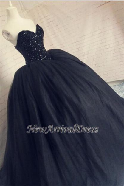 Tulle Sparkly Beaded Puffy Corset Sequins Black Amazing Sweetheart Prom Dresses-newarrivaldress