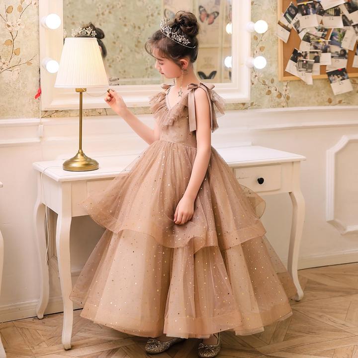 V-Neck Puffy Sleeves Tulle Two Layers Princess Dress for Little Girls-newarrivaldress