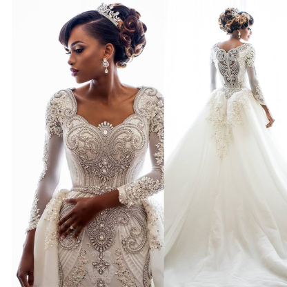 Mermaid Bridal Gown with Sweep Train Beads Wedding Dress Long Sleeves Lace Appliques-newarrivaldress