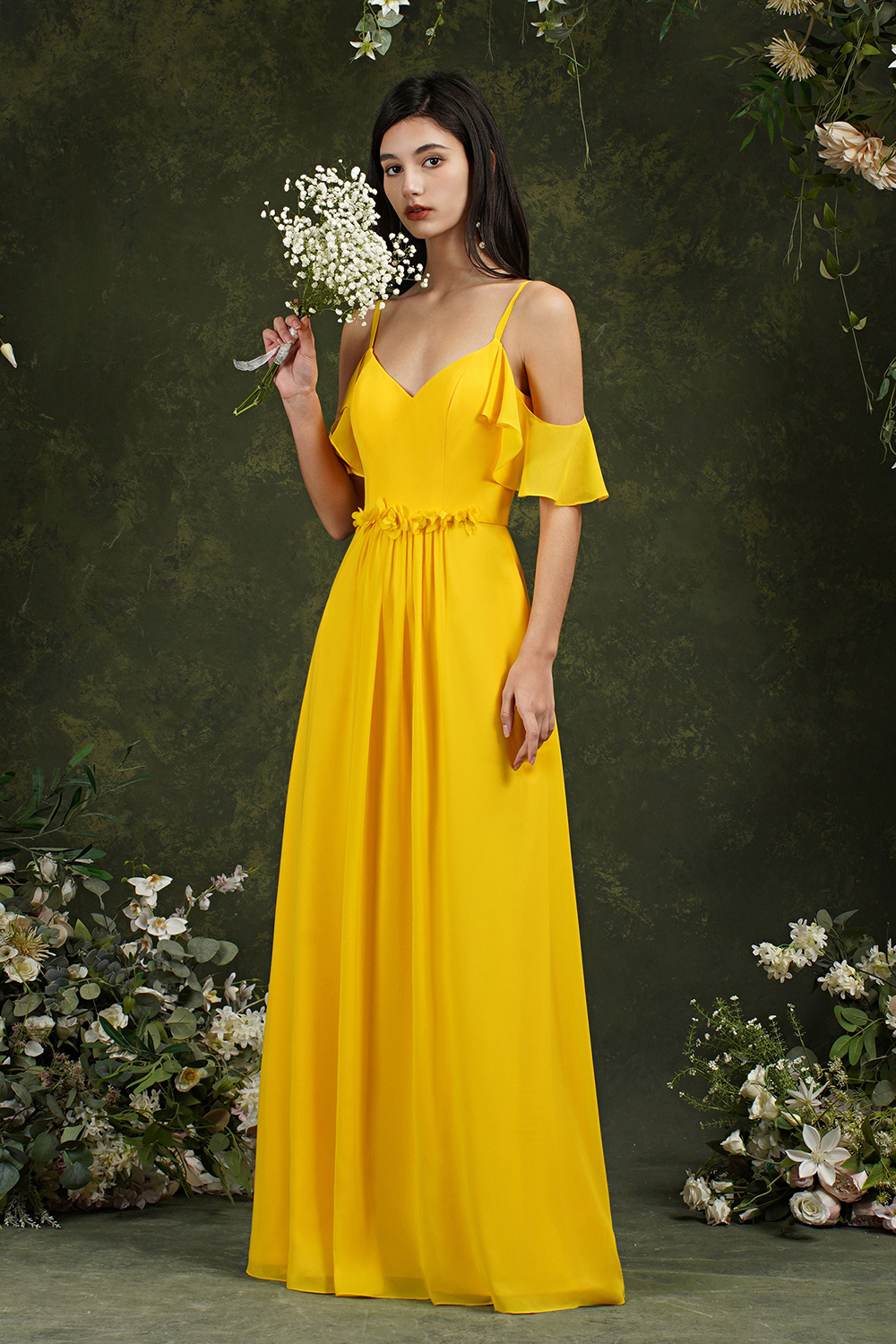 Ruffles Spaghetti Straps Chiffon Bridesmaid Dress Aline Wedding Guest Dress with Pockets-newarrivaldress