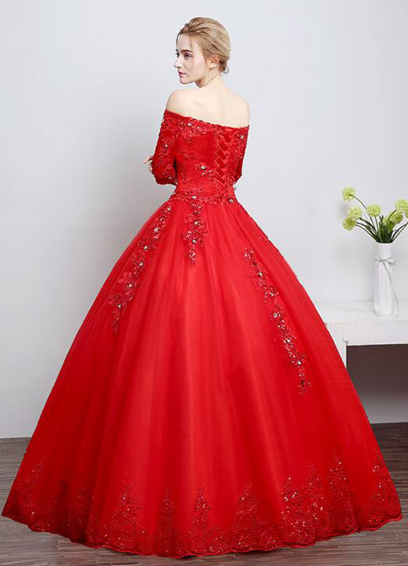 Lace Wedding Dress Off The Shoulder Ivory A Line Lace Up Half Sleeve Sequined Floor Length Bridal Dress-newarrivaldress