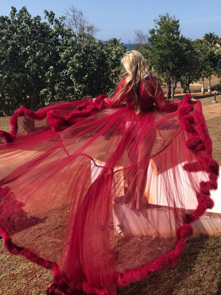 Maternity Wedding Dress Burgundy V-Neck Long Sleeves Tulle Long Bridge Gowns With Train-newarrivaldress