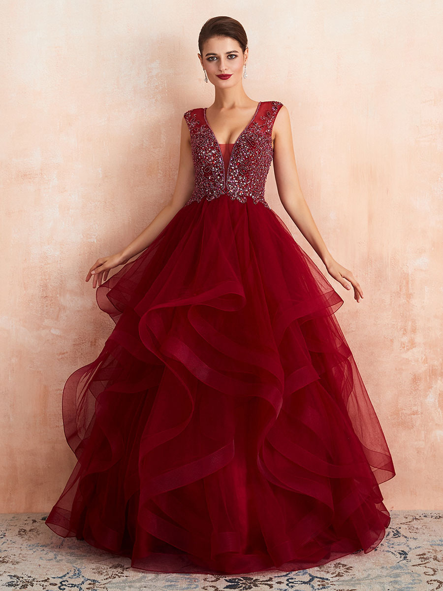 Ball Gown Wedding Dress Princess Floor Length V Neck Sleeveless Sequins Tulle Bridal Dresses-newarrivaldress