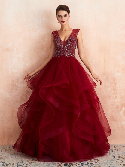 Ball Gown Wedding Dress Princess Floor Length V Neck Sleeveless Sequins Tulle Bridal Dresses-newarrivaldress