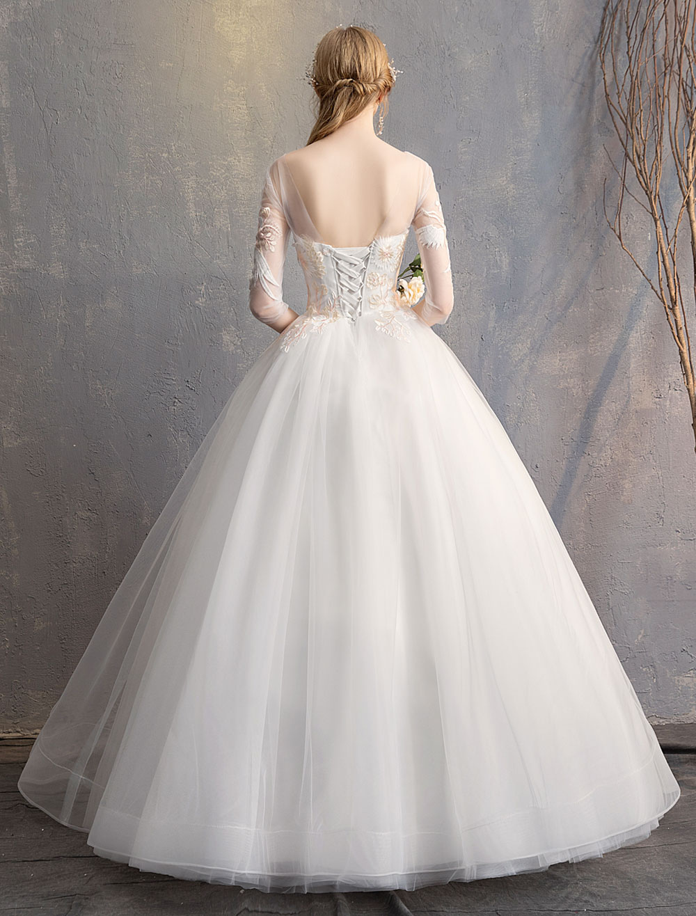 Ball-Gown-Princess-Wedding-Dresses-Ivory-Half-Sleeve-Backless-Applique-Bridal-Dress-newarrivaldress
