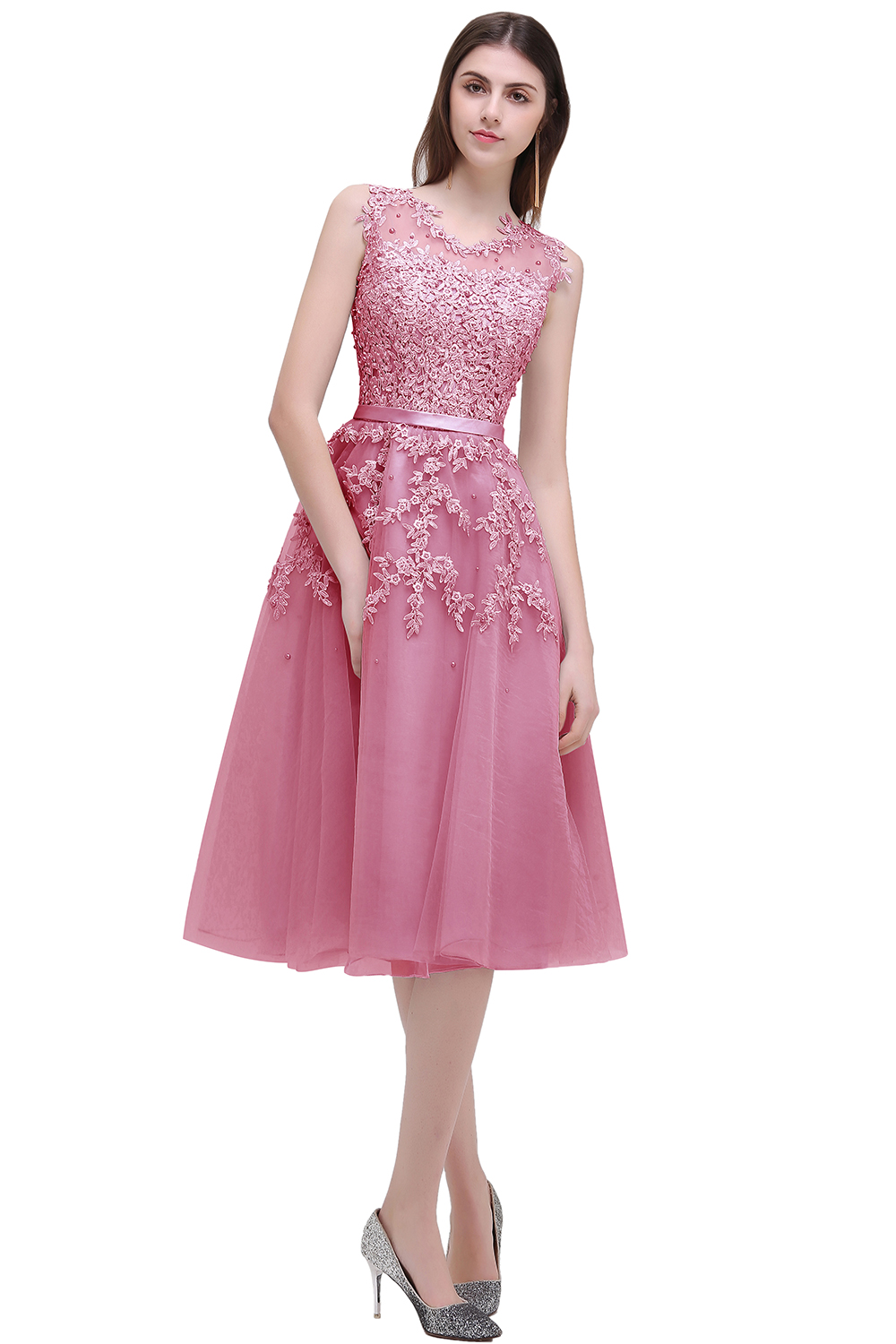 Tea-Length A-line Lace Appliques Beaded Party Dresses Sleeveless Short Homecoming Dresses-newarrivaldress