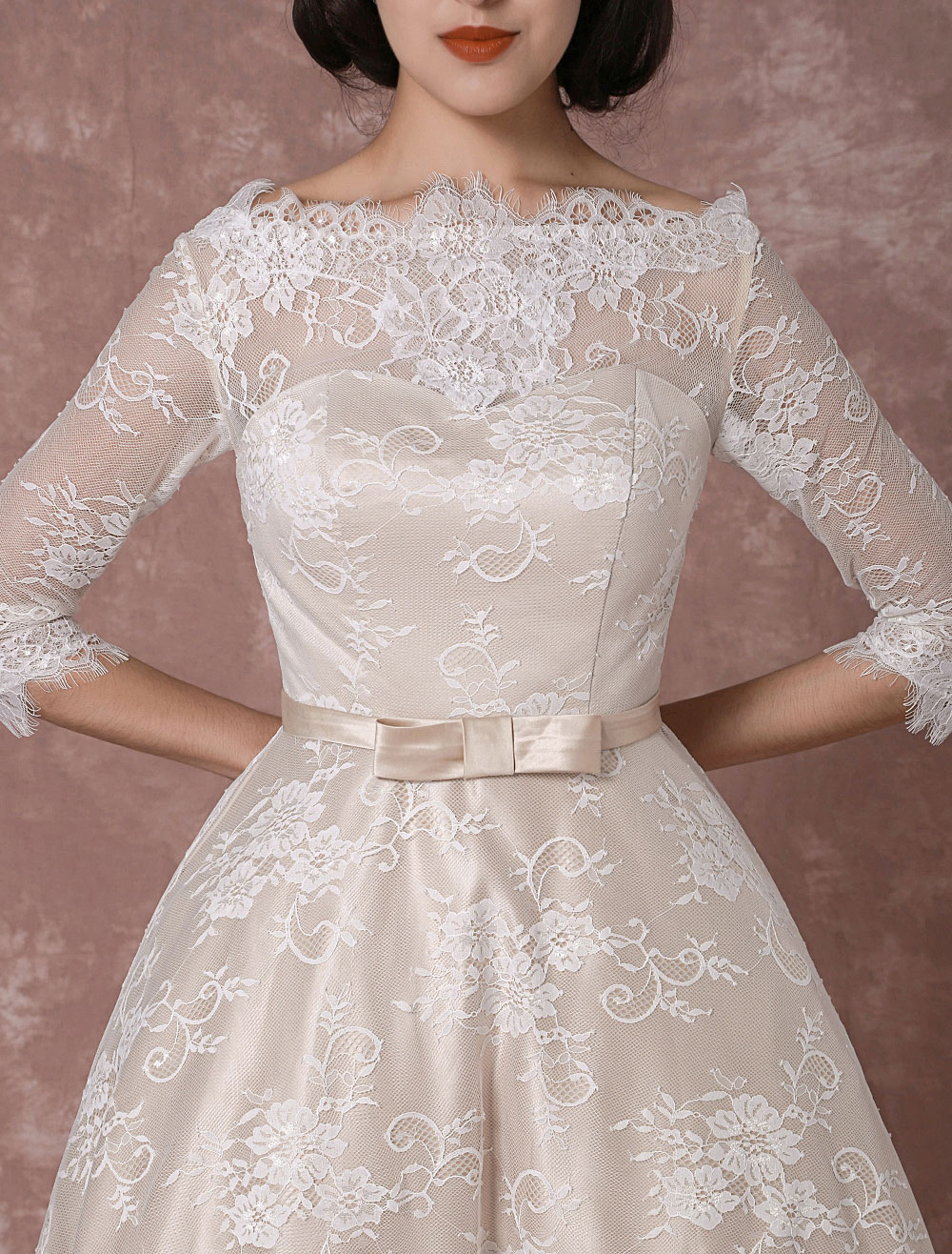 Lace Wedding Dress Vintage Bateau Champagne Half Sleeves Bridal Gown A Line Backless Tea Length Sash Reception Bridal Dress Exclusive-newarrivaldress